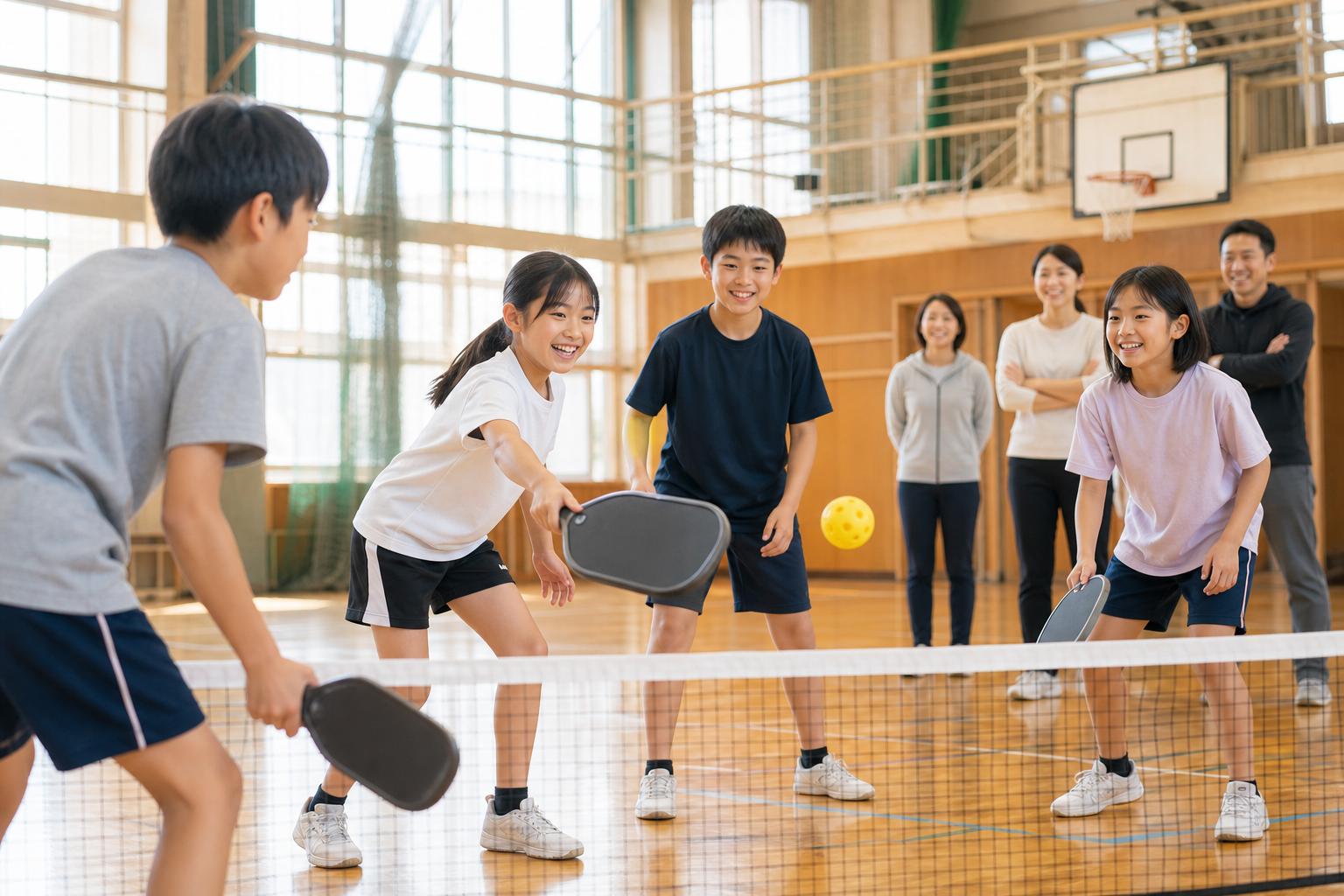 体育館でピックルボールを楽しむ子どもたち